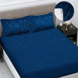 FABINALIV Navy Blue Floral Woollen 300 TC Fitted King Bedsheet with 2 Pillow Covers-image-3