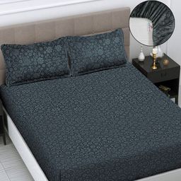 FABINALIV Grey Floral 300 TC Fitted King Bedsheet with 2 Pillow Covers-20