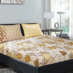 Aura Brown & White Ethnic Printed 210 TC King Bedsheet with 2 Pillow Covers-image-94
