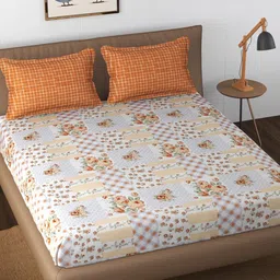 Florida Beige Floral 180 TC King Fitted Bedsheet with 1 Pillow Covers-image-28