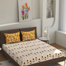 Florida Cream-Coloured & Yellow Floral Printed 200 TC King Bedsheet Set 2.28 m x 2.75 m-picture-3