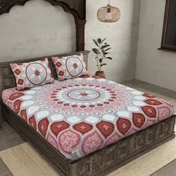 JAIPUR FABRIC Sacred Shells Peach Geometric Cotton 210 TC Queen Bedsheet & 2 Pillow Covers-image-92