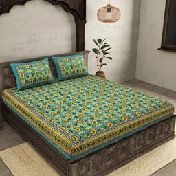 JAIPUR FABRIC Green Yellow Ethnic Motifs Cotton 250 TC King Bedsheet With 2 Pillow Covers-image-95