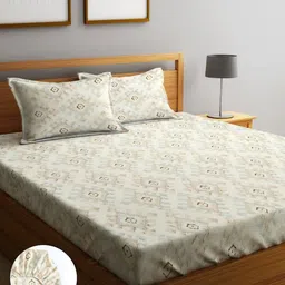 Home Sizzler Cream-Coloured & Brown Geometric 210 TC Queen Bedsheet with 2 Pillow Covers-image-98