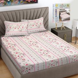 FABINALIV Pink & Green Floral Printed 300 TC Fitted King Bedsheet Set 2.7 m x 2.7 m-15