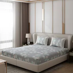 Monte Carlo Vibrant Grey & Blue Floral 130 TC Queen Bedsheet with 2 Pillow Covers-image-30