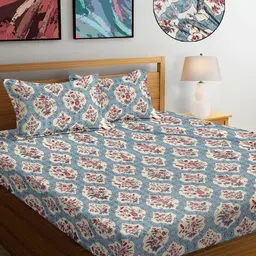 FABINALIV Blue & White Floral 300 TC Fitted King Bedsheet With 2 Pillow Covers-image-85