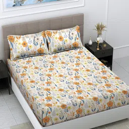 FABINALIV White & Orange Floral Printed 300 TC King Bedsheet With 2 Pillow Covers-image-89