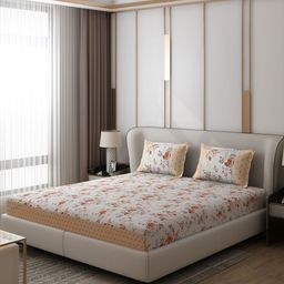Monte Carlo Essence Beige & Orange Floral 130 TC King Bedsheet with 2 Pillow Covers-74