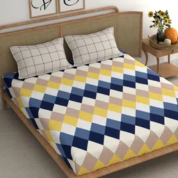 CHHAVI INDIA White & Blue Geometric Microfiber 210 TC King Bedsheet With 2 Pillow Covers-image-73