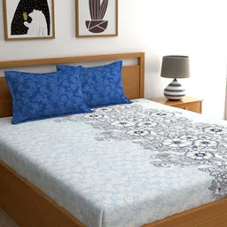 Home Ecstasy Blue & White Floral Cotton 140 TC Super King Bedsheet with 2 Pillow Covers-12