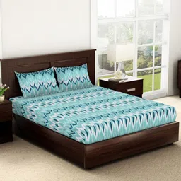 SPACES Geoscape Blue Geometric Cotton 144 TC King Bedsheet with 2 Pillow Covers-image-38