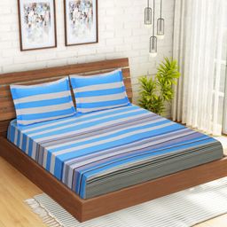 Aura Blue & Beige Striped 152 TC Queen Bedsheet with 2 Pillow Covers-image-53