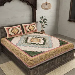 JAIPUR FABRIC Green & White Printed Cotton 210 TC Queen Bedsheet with 2 Pillow Covers-13