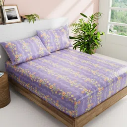 BIANCA Purple & Green Printed Cotton 144 TC Queen Bedsheet with 2 Pillow Covers-image-35