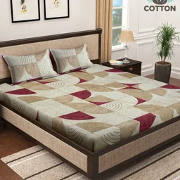 KLOTTHE Cream Geometric Cotton 400 TC Fitted Super King Double Bedsheet & 2 Pillow Covers-picture-17