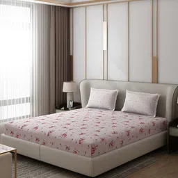 Monte Carlo Edmond Peach-Coloured & Red Floral 130 TC Queen Bedsheet with 2 Pillow Covers-79