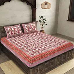 JAIPUR FABRIC Pink White Ethnic Motifs Cotton 250 TC King Bedsheet With 2 Pillow Covers-image-29