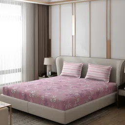 Monte Carlo Edmond Pink & White Ethnic Motifs 130 TC Queen Bedsheet with 2 Pillow Covers-image-74