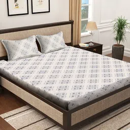 KLOTTHE White & Grey Geometric Printed 400 TC Pure Cotton Fitted Double Bedsheet Set-image-70