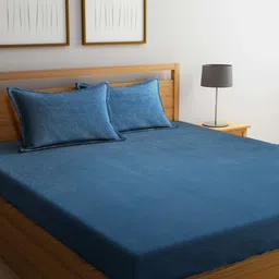 FABINALIV Blue 300 TC Fitted King Bedsheet with 2 Pillow Covers-image-100