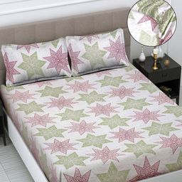 FABINALIV Off White & Green Geometric 300 TC Fitted King Bedsheet With 2 Pillow Covers-image-42