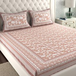 LA VERNE Peach & White Floral 140 TC Cotton King Bedsheet with 2 Pillow Covers-image-89