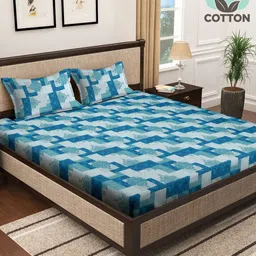 KLOTTHE Blue Geometric Cotton 400 TC Super King Bedsheet With 2 Pillow Covers-picture-1