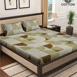 KLOTTHE Green Geometric Pure Cotton 400TC Super King Double Bedsheet & 2 Pillow Covers-image-14