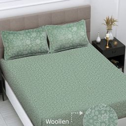 FABINALIV Green Floral Woollen 300 TC King Bedsheet With 2 Pillow Covers-image-20