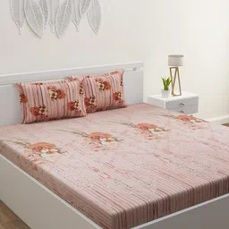 HOME AFFAIRS Brown & White Floral 180 TC Pure Cotton King Bedsheet with 2 Pillow Covers-image-42