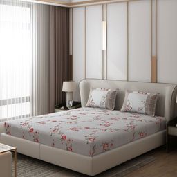 Monte Carlo Vibrant Grey & Red Floral 130 TC Queen Bedsheet with 2 Pillow Covers-image-11