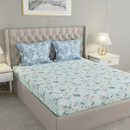 Raymond Home Blue & Brown Floral 120 TC Queen Bedsheet with 2 Pillow Covers-image-53