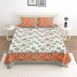 Wayne Martin Orange Floral 330 TC King Bedsheet with 2 Pillow Covers-picture-29