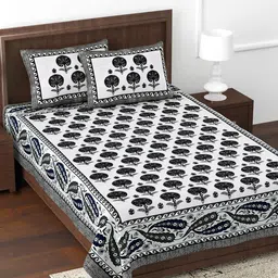 JAIPUR FABRIC White & Grey Ethnic Motifs Cotton 180 TC Single Bedsheet & 2 Pillow Covers-8