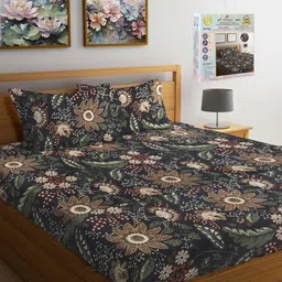 FABINALIV Black Floral Printed Woollen 300 TC Fitted King Bedsheet Set 2.7 m x 2.7 m-15