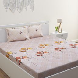 HOME AFFAIRS Off White & Pink Floral 180 TC Pure Cotton King Bedsheet with 2 Pillow Covers-image-16
