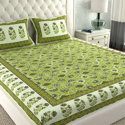LA VERNE Green & Brown Floral 210 TC Cotton King Bedsheet with 2 Pillow Covers-image-86