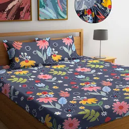 FABINALIV Grey & Pink Floral 300 TC Fitted King Bedsheet with 2 Pillow Covers-image-27