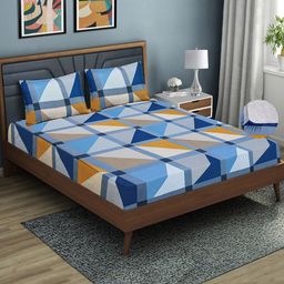 Aura Blue & White Geometric 144 TC Fitted Queen Bedsheet with 2 Pillow Covers-image-51