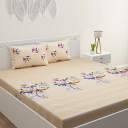 HOME AFFAIRS Yellow & Blue Floral 180 TC Pure Cotton King Bedsheet with 2 Pillow Covers-image-88