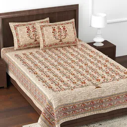 JAIPUR FABRIC Beige & Orange Floral Cotton 180 TC Single Bedsheet with 2 Pillow Covers-18