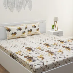 HOME AFFAIRS Beige & Brown Floral 180 TC Pure Cotton King Bedsheet with 2 Pillow Covers-image-44
