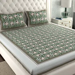 LA VERNE Green & White Floral 140 TC Cotton King Bedsheet with 2 Pillow Covers-image-90