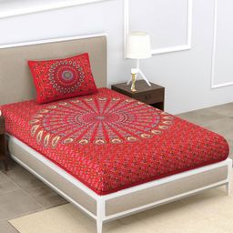 Aura Red & Green Floral 120 TC Single Bedsheet with 2 Pillow Covers-8