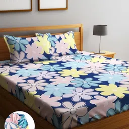 Home Sizzler Navy Blue & Pink Floral 210 TC Queen Bedsheet with 2 Pillow Covers-image-100