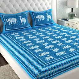 LA VERNE Blue & White Ethnic Motifs 140 TC Cotton King Bedsheet with 2 Pillow Covers-image-52