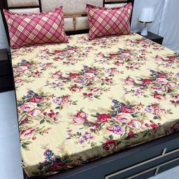 Pure Decor Leisure Fur Beige & Red Floral 240 TC Super King Bedsheet with 2 Pillow Covers-image-72