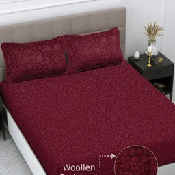 FABINALIV Maroon Floral Woollen 300 TC King Bedsheet With 2 Pillow Covers-image-99