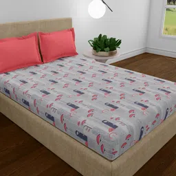 MYTRIDENT Utsav Grey & Pink Printed Cotton 120 TC Queen Bedsheet with 2 Pillow Covers-65